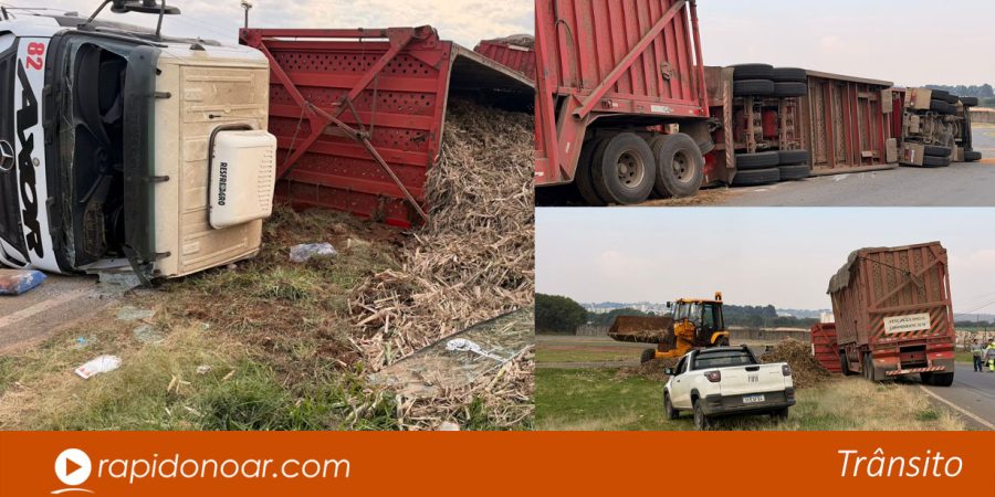 Bitrem tomba com 75 toneladas de carga e interdita alça da SP-127 em Piracicaba; motorista fica ferido