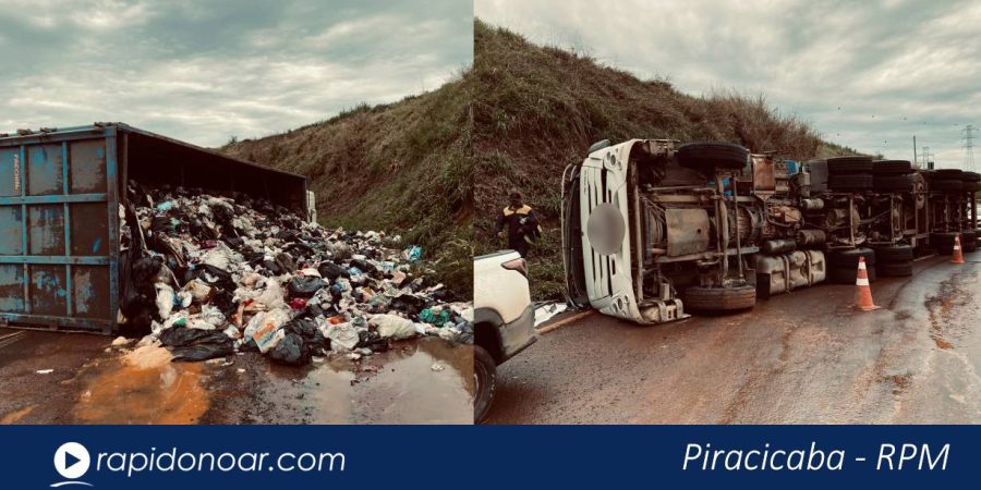 Carreta com até 28 toneladas de carga tomba em rotatória em Piracicaba